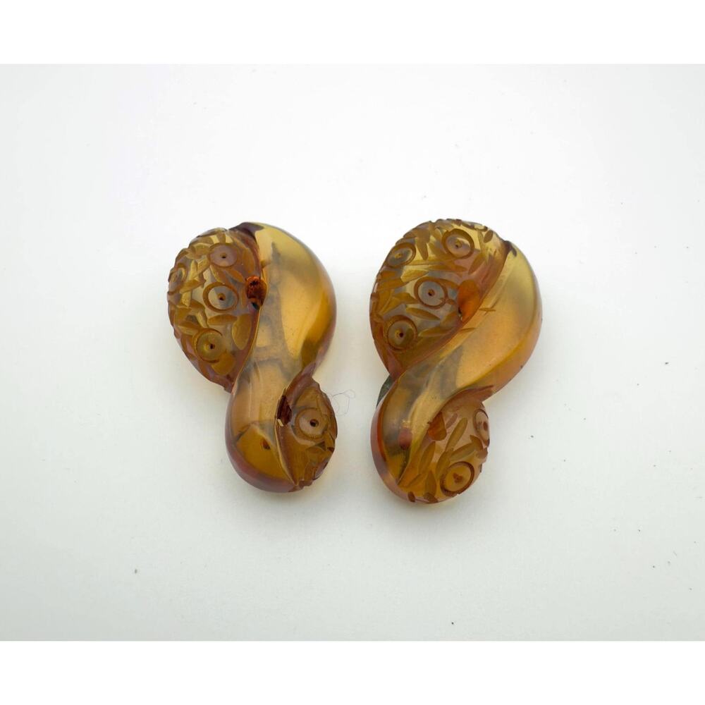 Antique Art Deco Carved Bakelite Dress Clips Pair (c. 1930s)